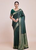 Dark Green Banarasi Satin Silk Saree with detailed zari weave patterns