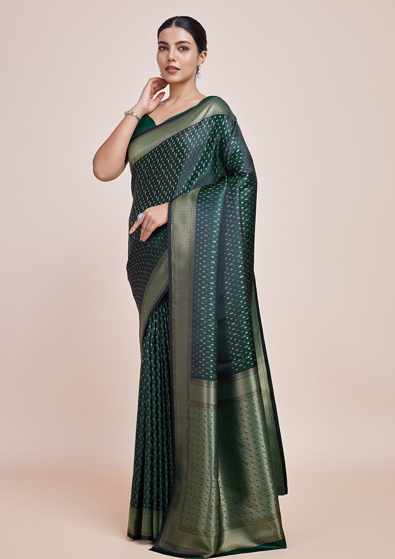 Dark Green Banarasi Satin Silk Saree with Traditional Zari Weave