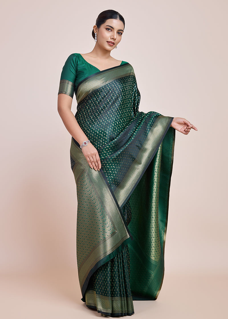 Dark Green Banarasi Satin Silk Saree with Traditional Zari Weave