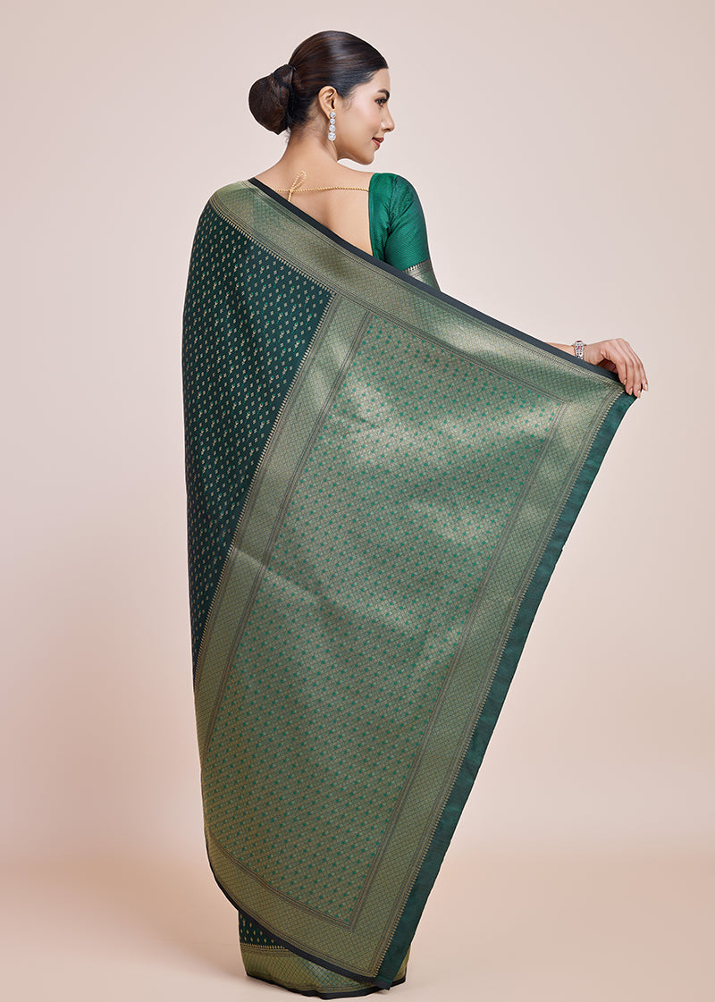 Dark Green Banarasi Satin Silk Saree with Traditional Zari Weave