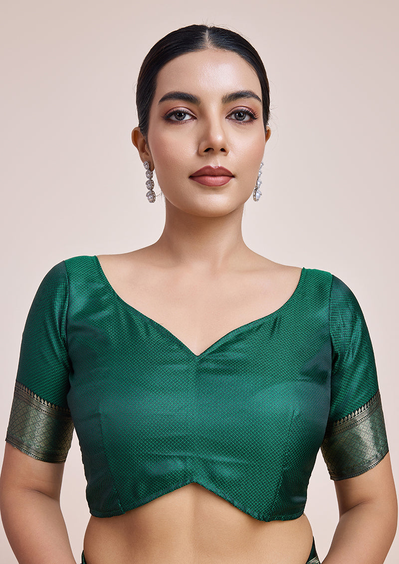 Dark Green Banarasi Satin Silk Saree with Traditional Zari Weave