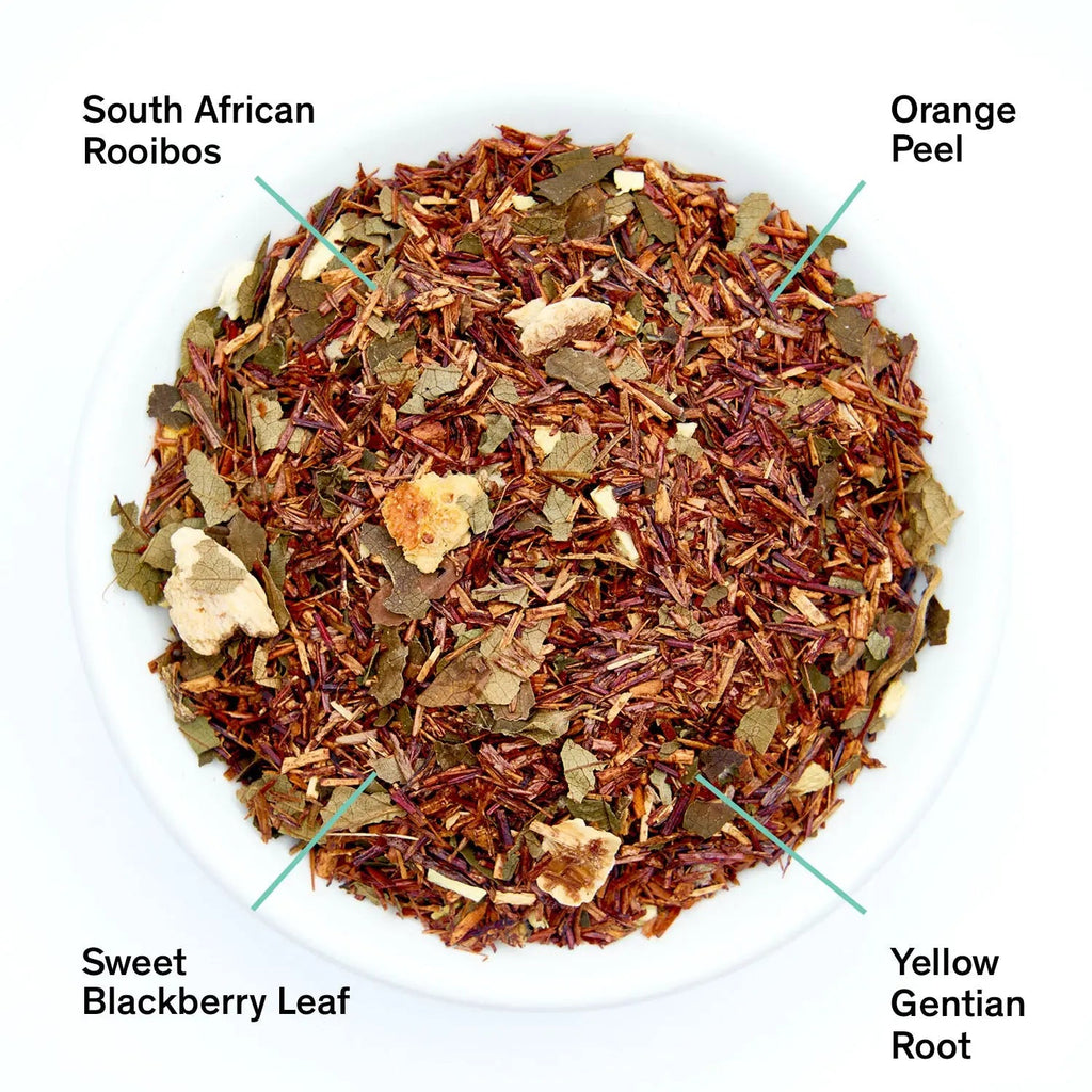 Negroni Bittersweet Orange Rooibos tea leaves with ingredients labeled including South African Rooibos, orange peel, blackberry leaf, and gentian root.