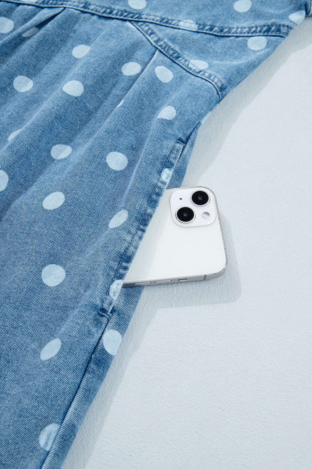 Sky Blue Polka Dot Print Ruffled Short Puff Sleeve Button Down Loose Denim Dress