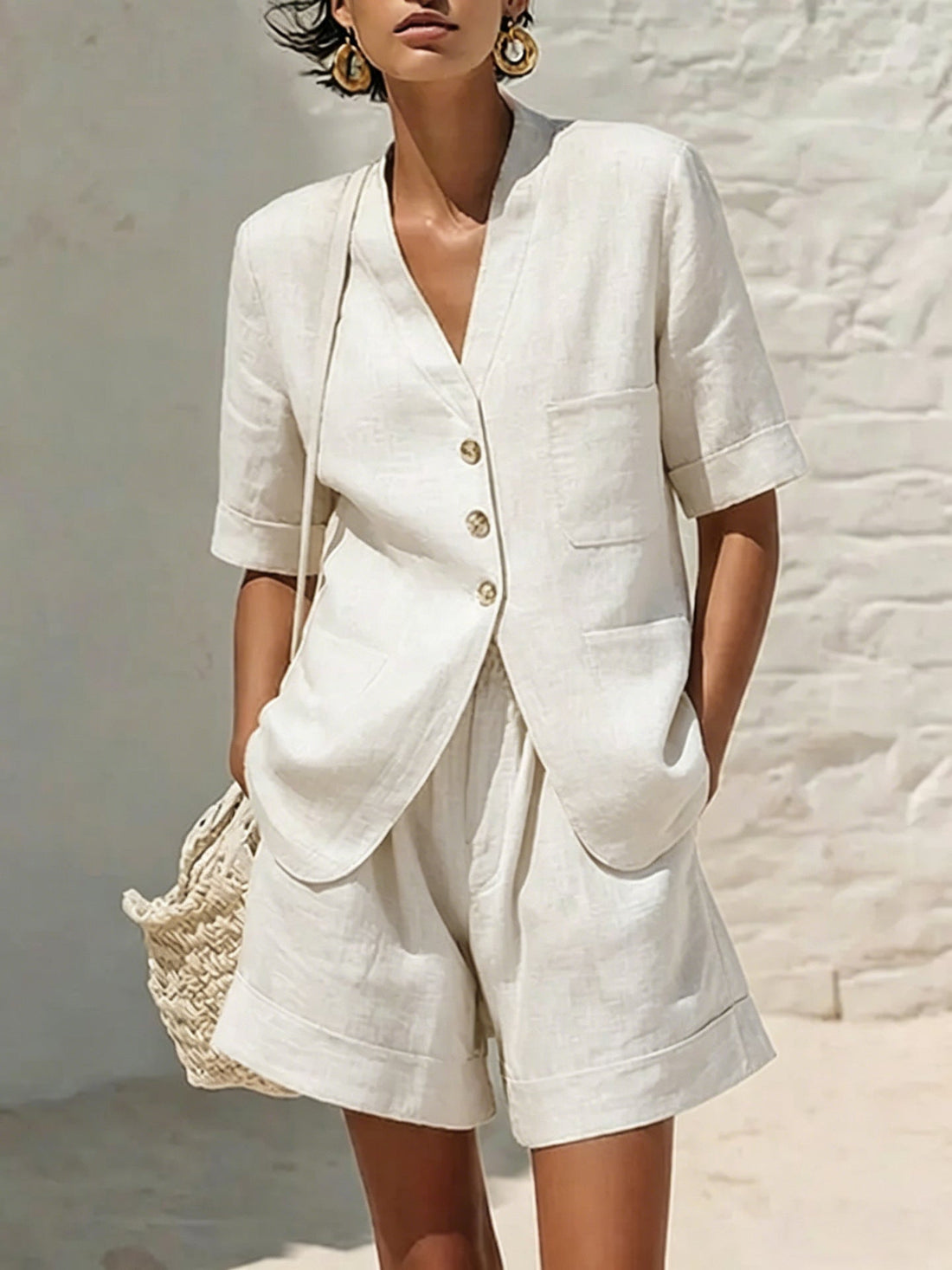 Women's Cotton-Linen Button-Down Top and Relaxed Shorts Set - Image 10