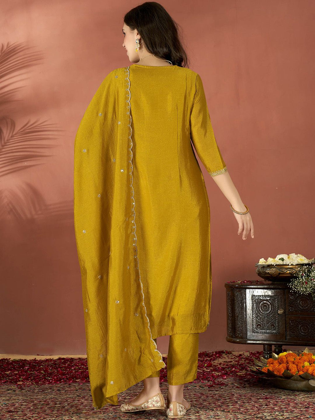 Mustard Vichitra Silk Embroidered Salwar Suit Ethnic Set