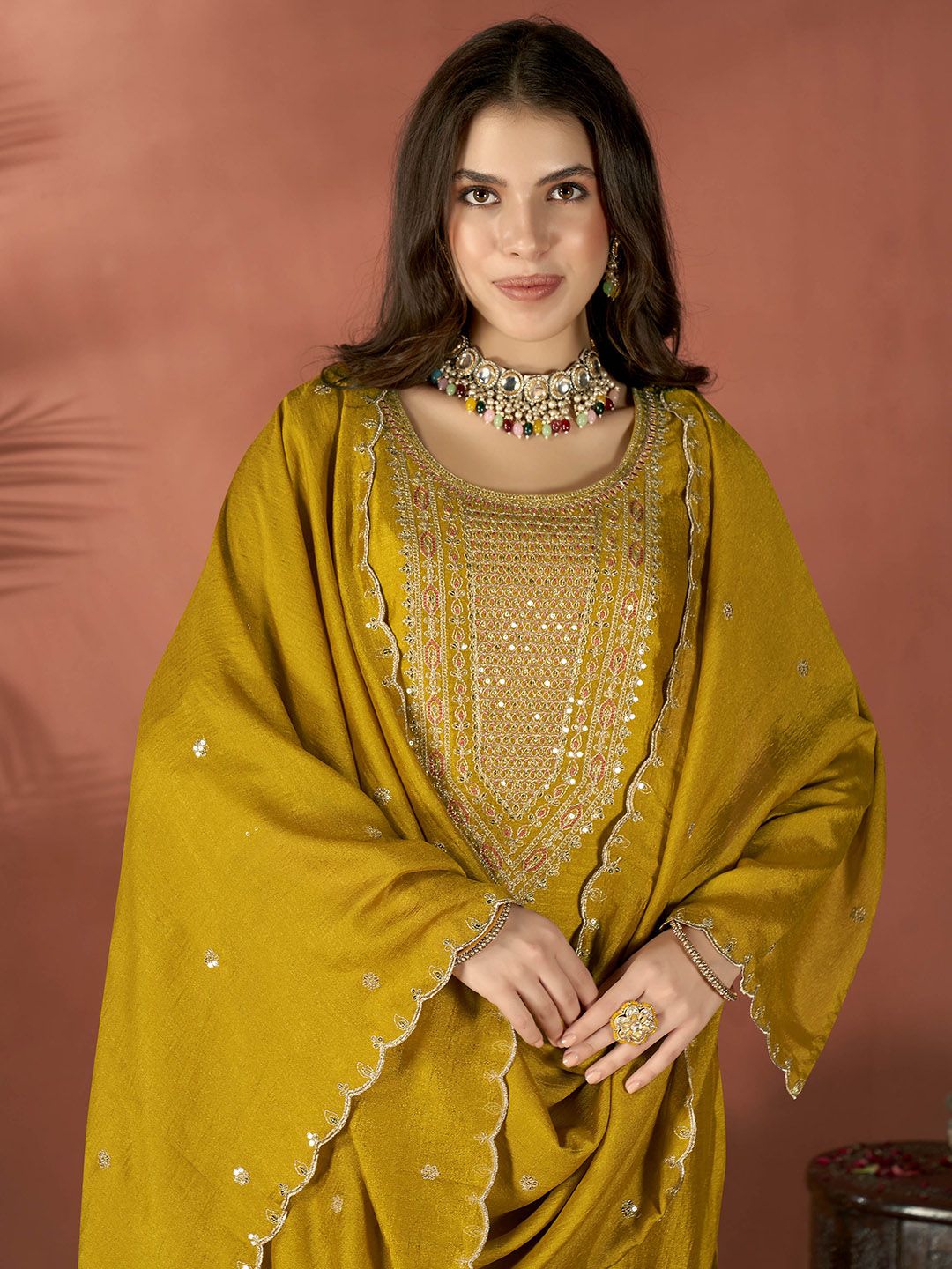Mustard Vichitra Silk Embroidered Salwar Suit Ethnic Set