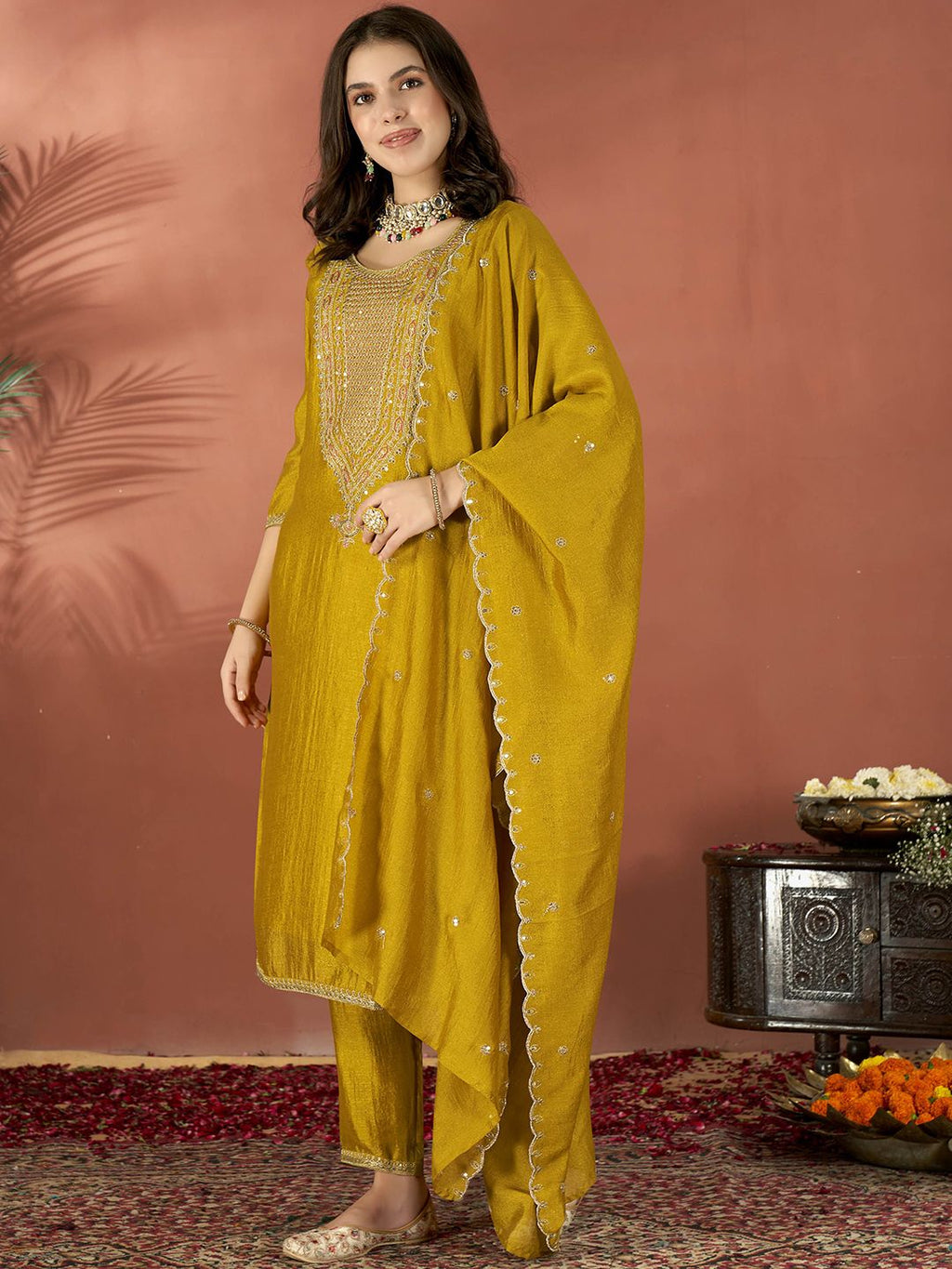 Mustard Vichitra silk salwar suit with detailed embroidery for weddings