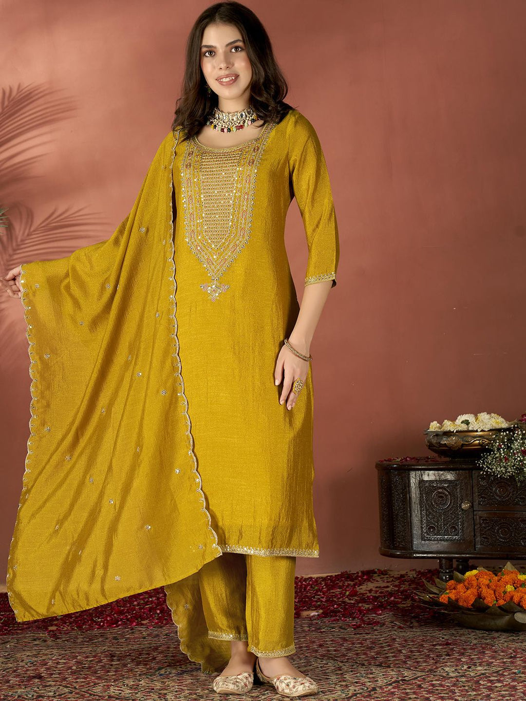 Mustard Vichitra Silk Embroidered Salwar Suit Ethnic Set
