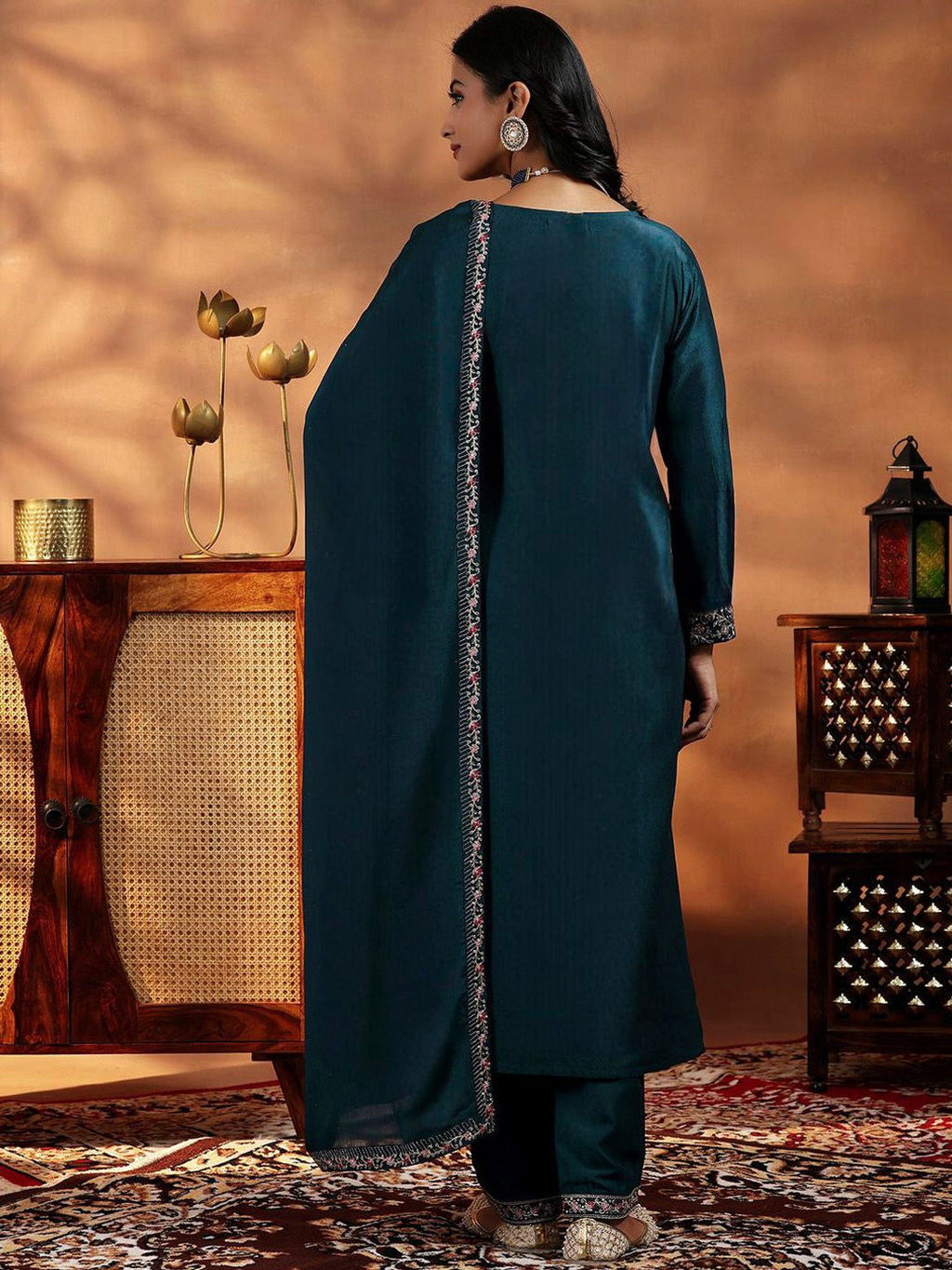 Rama Mustard Vichitra Silk Embroidered Salwar Suit for Weddings
