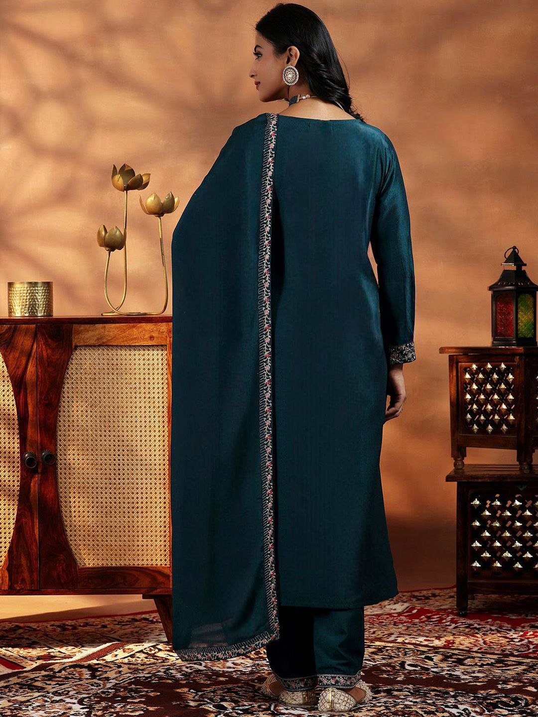 Rama Mustard Vichitra Silk Embroidered Salwar Suit for Weddings