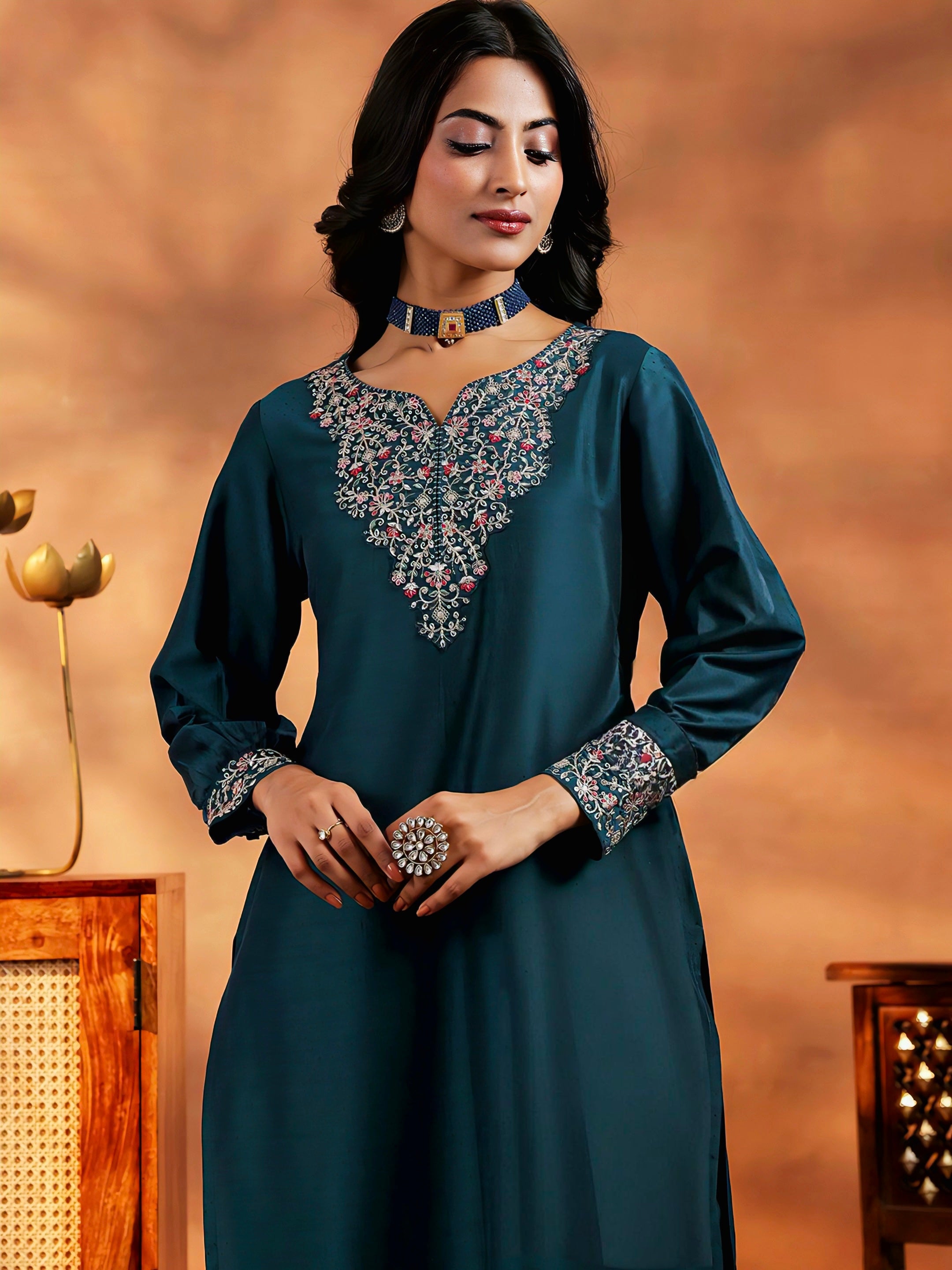 Rama Mustard Vichitra Silk Embroidered Salwar Suit for Weddings