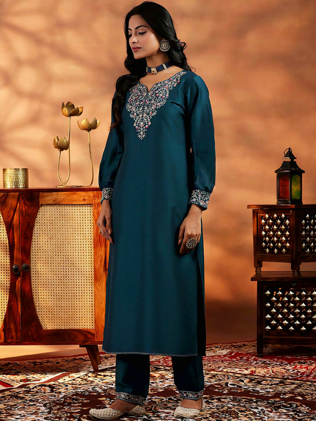 Rama Mustard Vichitra Silk Embroidered Salwar Suit for Weddings