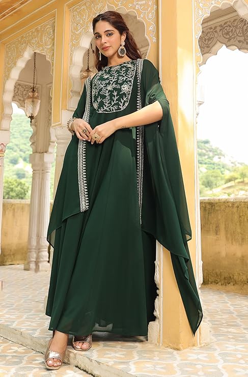 Green Georgette Embroidered Anarkali Suit with Shrug
