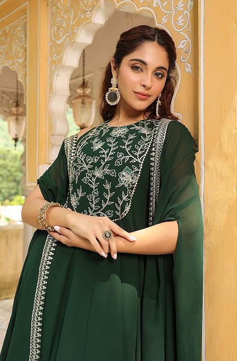 Green Georgette Embroidered Anarkali Suit with Shrug