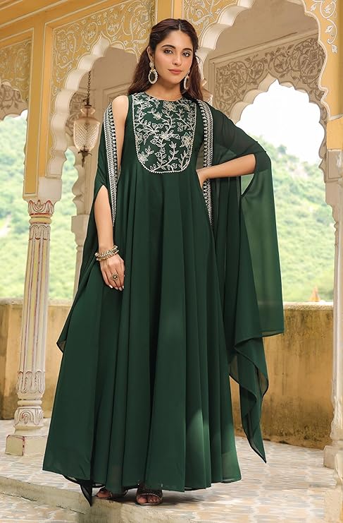 Green Georgette Anarkali Suit with matching embroidered shrug.