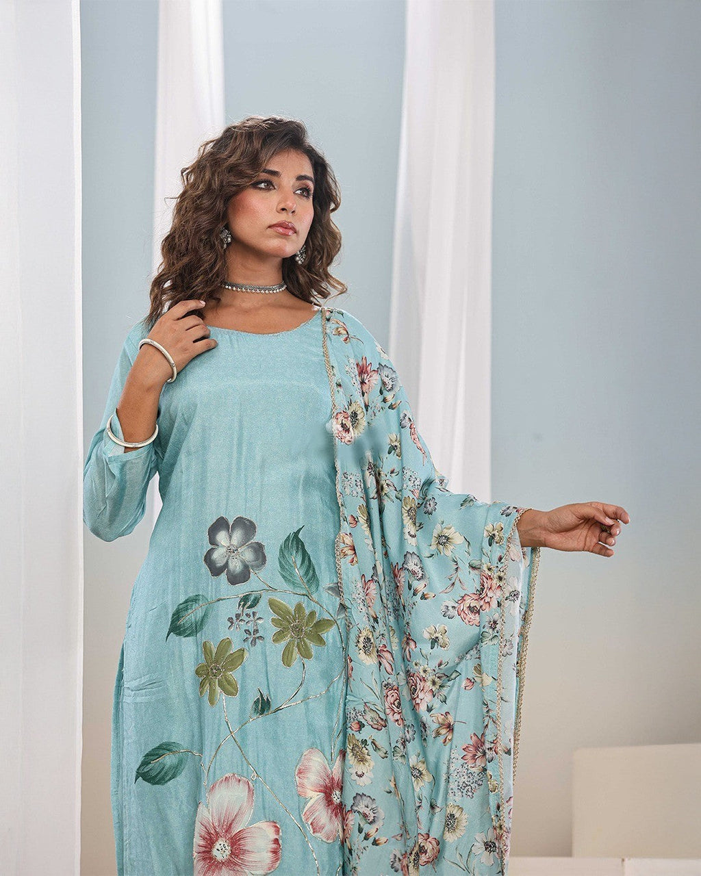 Sky Blue French Crab Print Salwar Suit with Gota Patti Embroidery