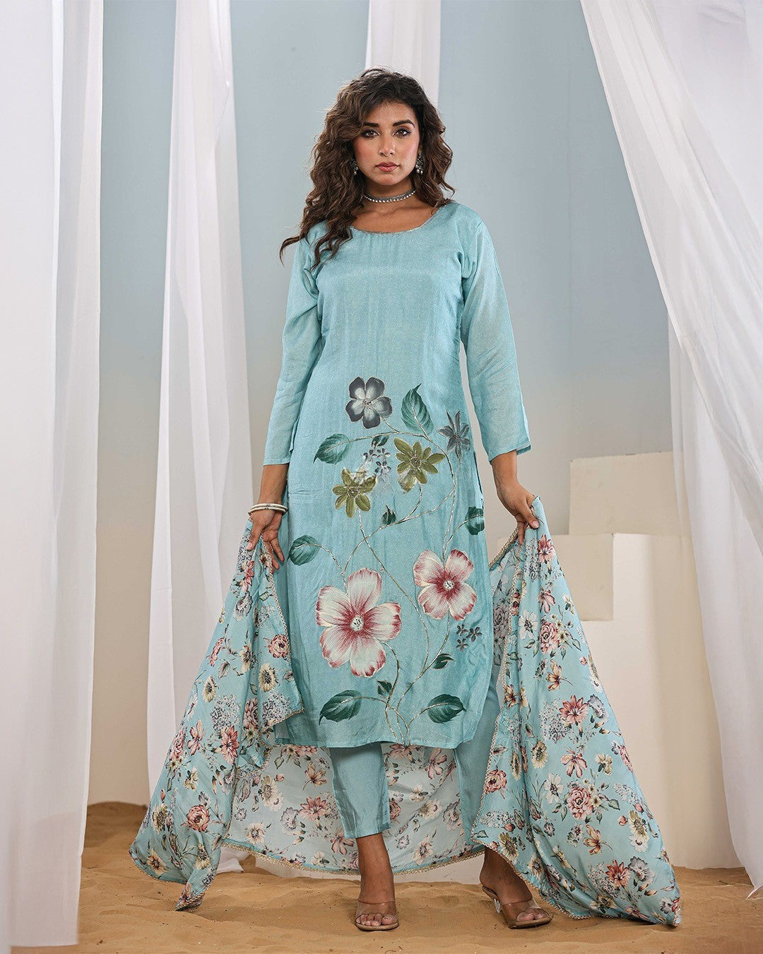 Sky Blue French Crab Print Salwar Suit with Gota Patti Embroidery