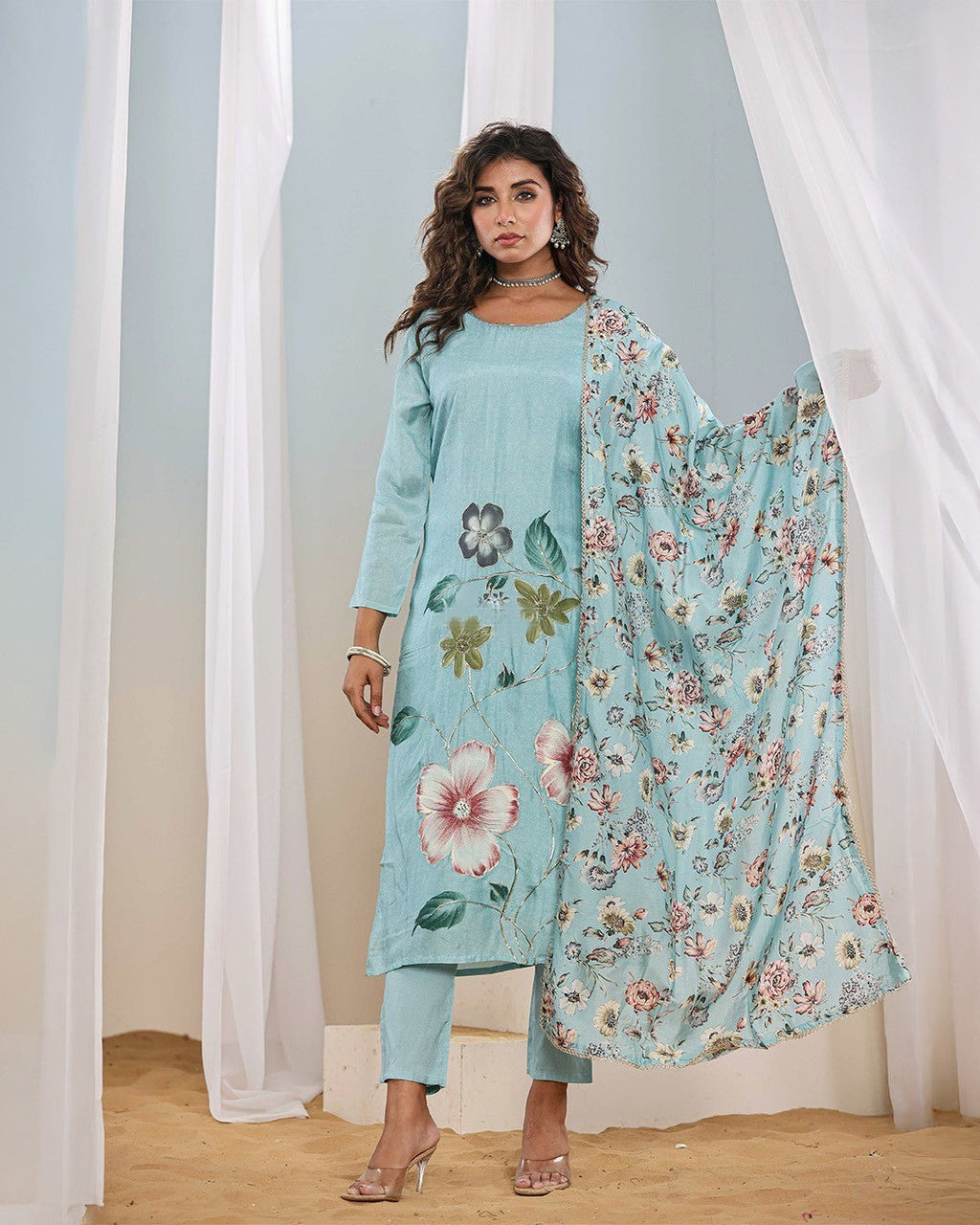Sky Blue salwar suit featuring French crab print and intricate gold gota patti embroidery