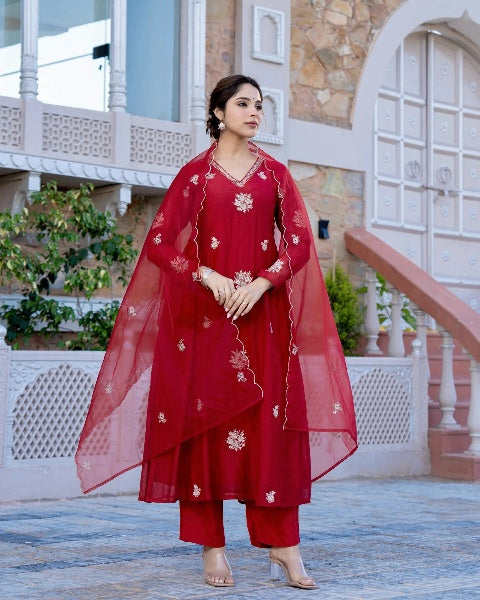 Red Chanderi Silk Embroidered Salwar Suit for Weddings