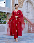 Red Chanderi silk salwar suit with fine embroidery for traditional wedding wear