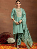 Bottel Green Chanderi Silk Salwar Suit with detailed embroidery and gota patti work