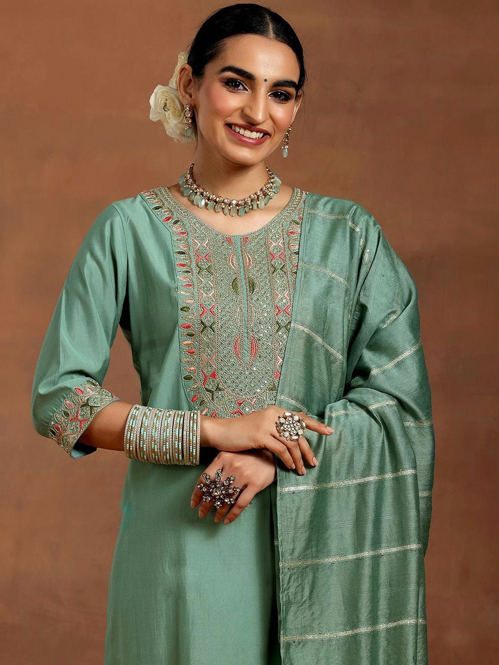 Bottel Green Chanderi Silk Embroidered Salwar Suit