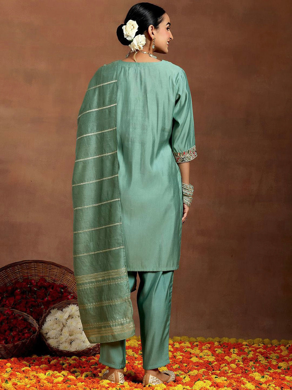 Bottel Green Chanderi Silk Embroidered Salwar Suit