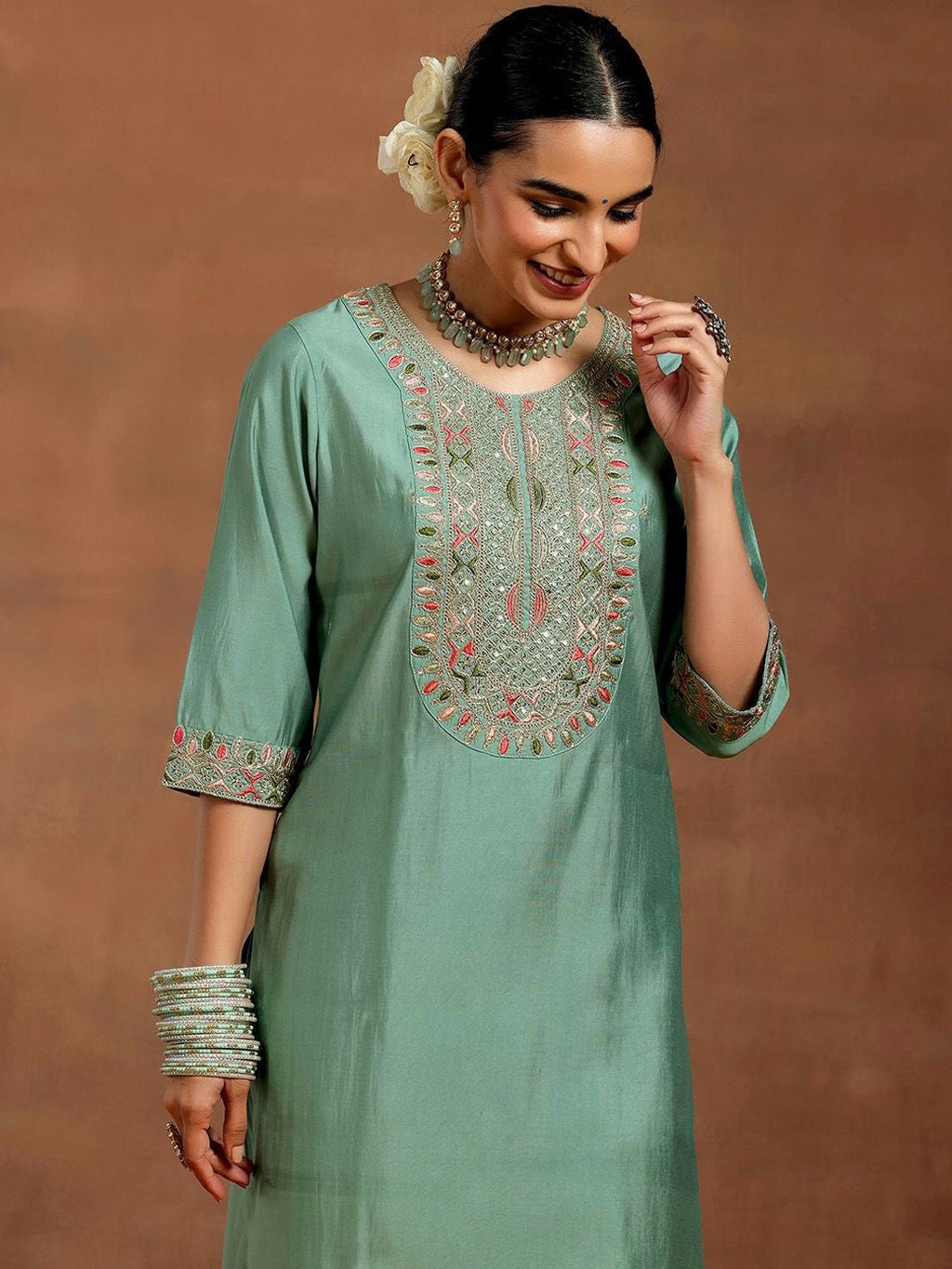 Bottel Green Chanderi Silk Embroidered Salwar Suit