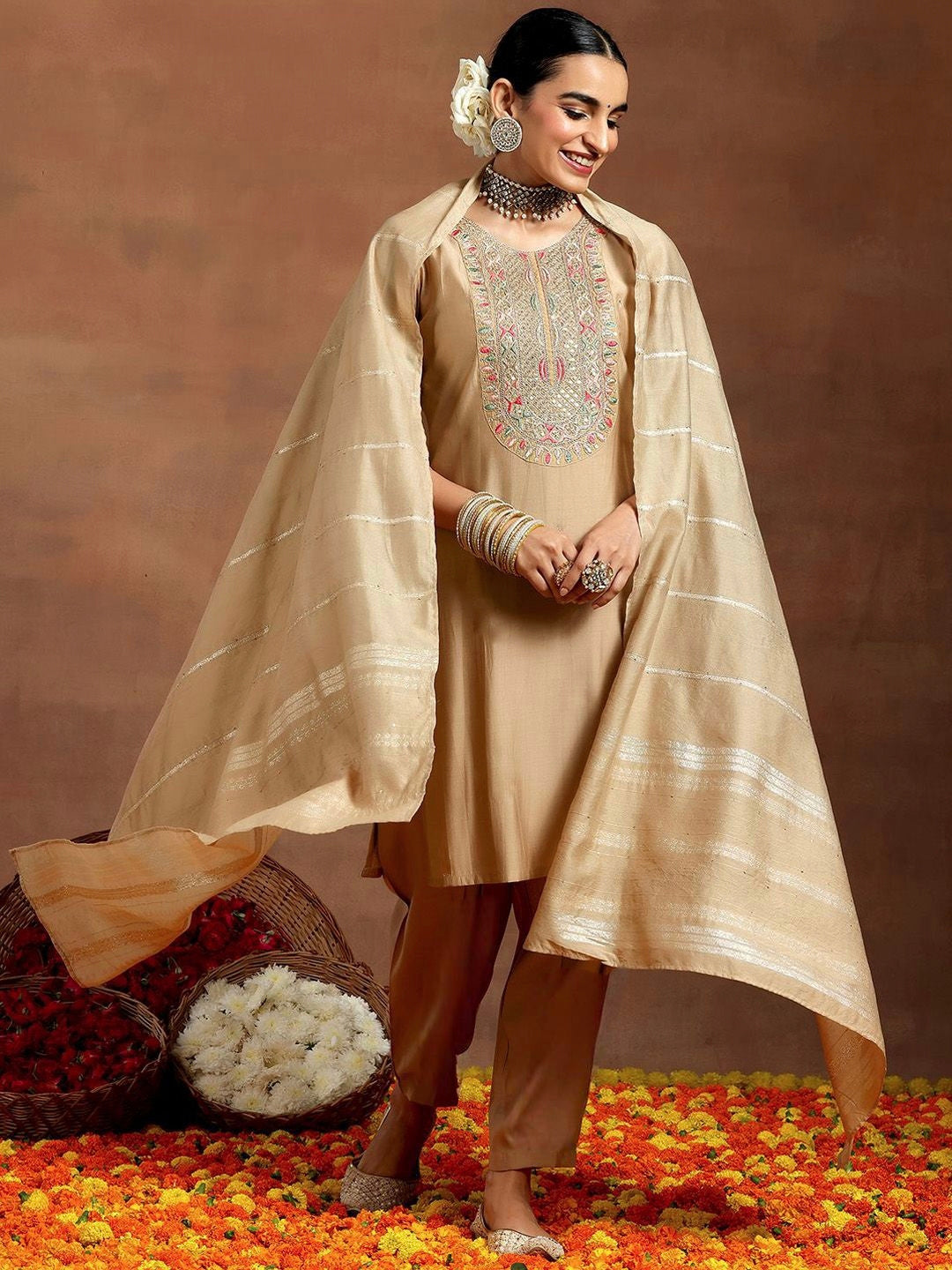 Elegant cream Chanderi silk salwar suit with intricate gota patti and embroidery for weddings