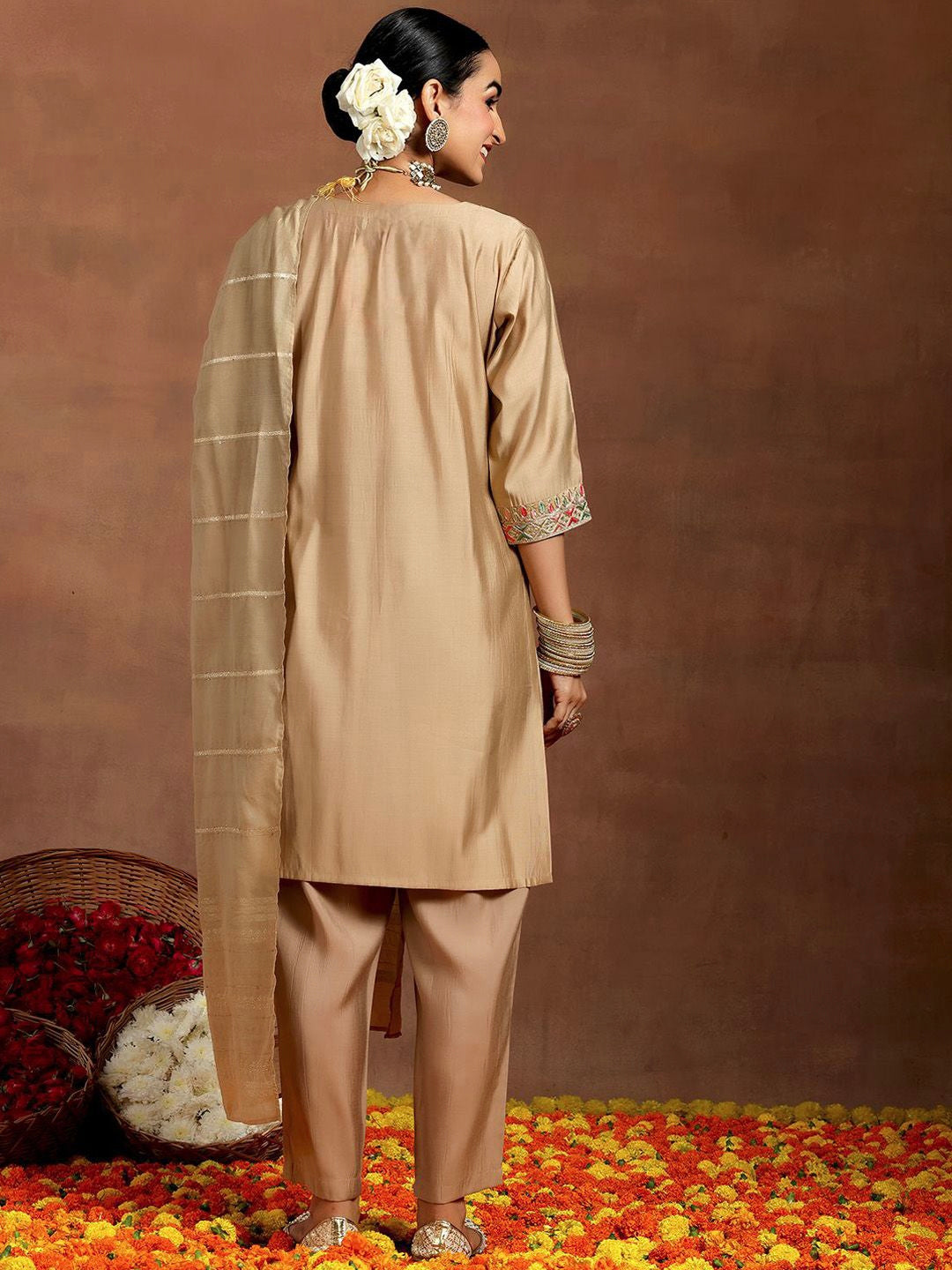 Cream Chanderi Silk Embroidered Salwar Suit for Wedding