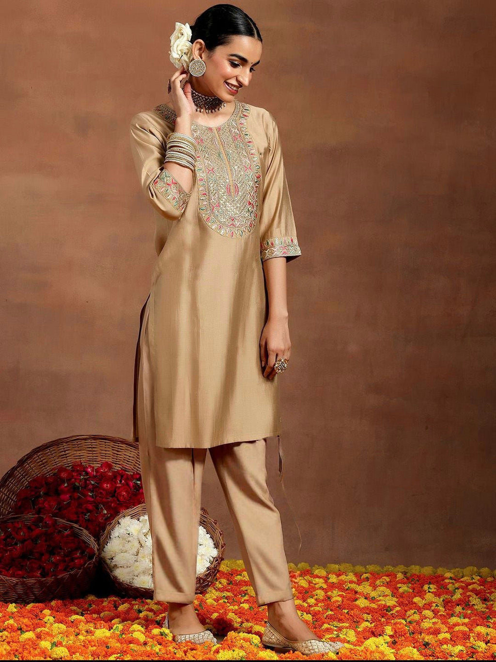 Cream Chanderi Silk Embroidered Salwar Suit for Wedding