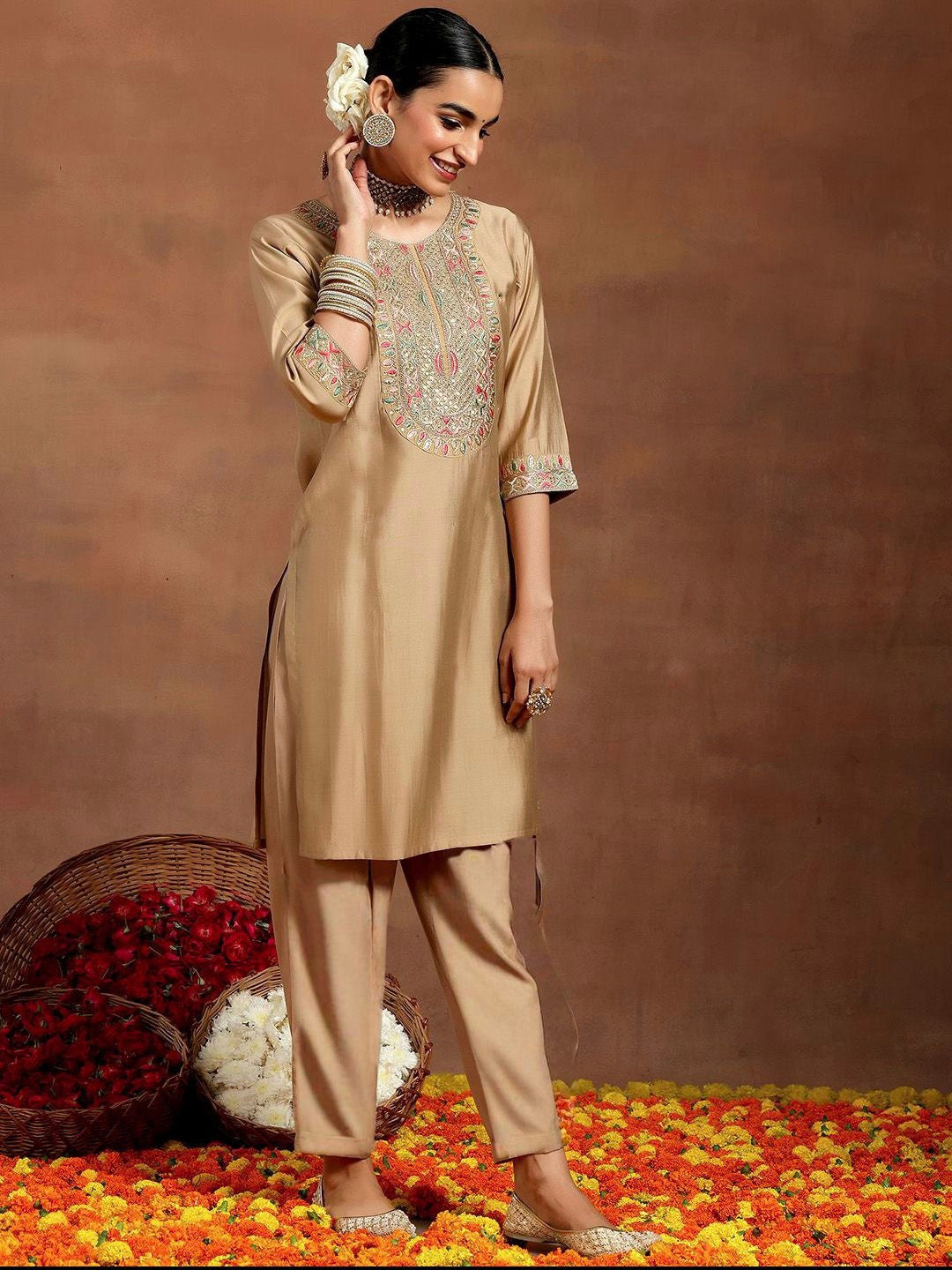 Cream Chanderi Silk Embroidered Salwar Suit for Wedding