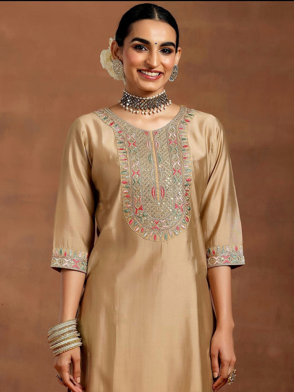 Cream Chanderi Silk Embroidered Salwar Suit for Wedding