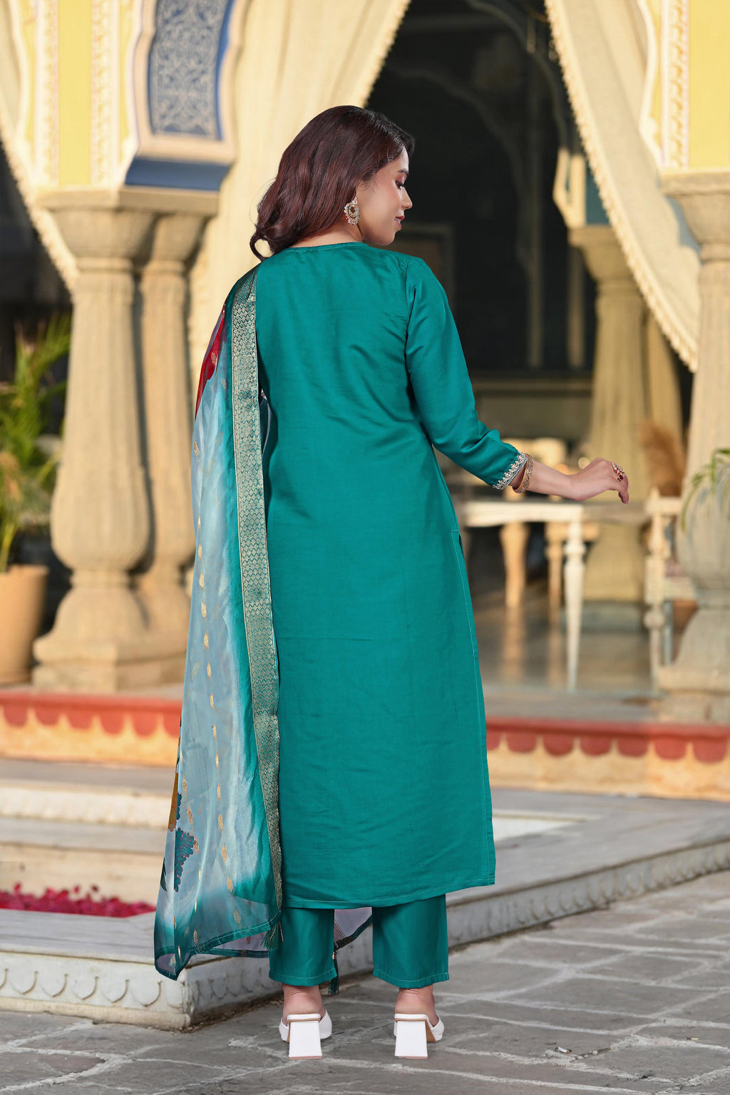 Turquoise Chanderi Silk Embroidered Salwar Suit for Festive Wear