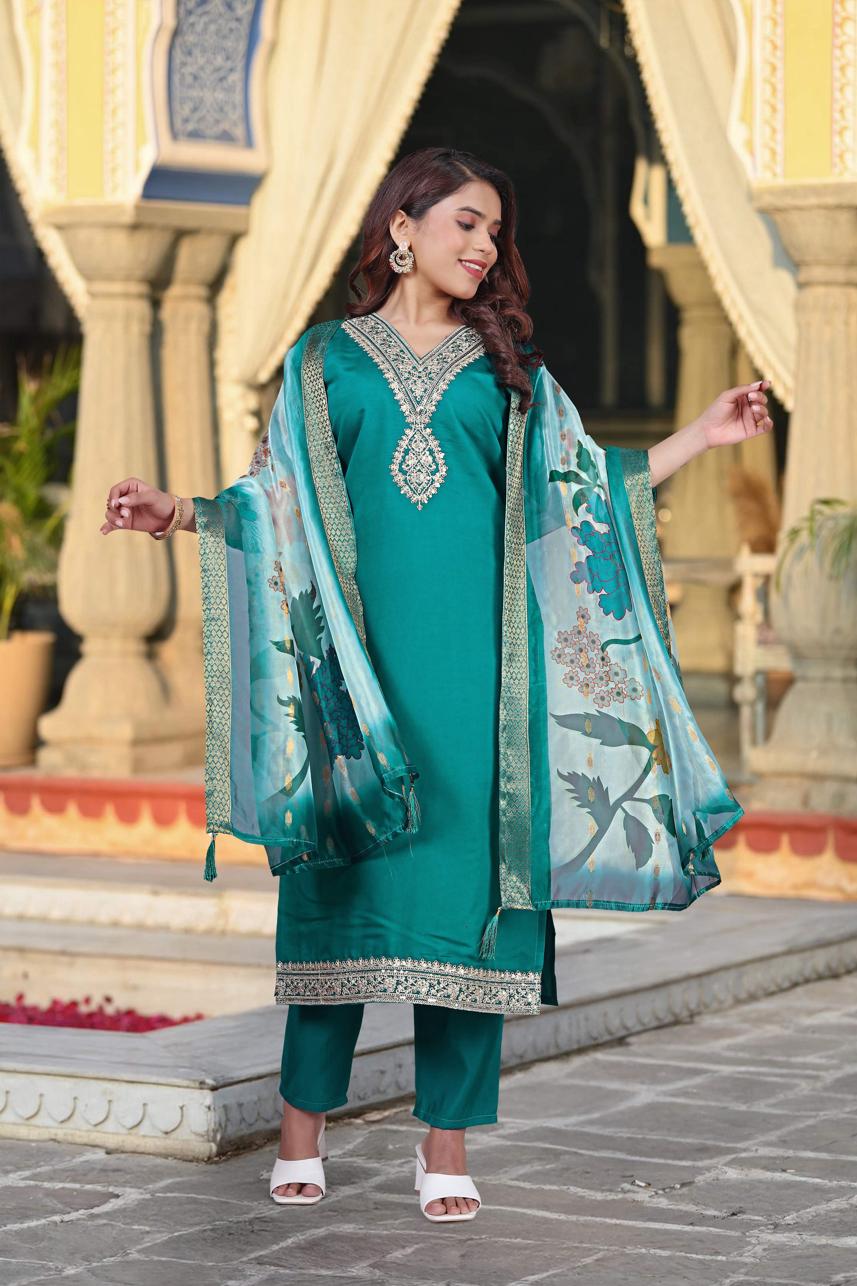 Turquoise Chanderi Silk Embroidered Salwar Suit for Festive Wear