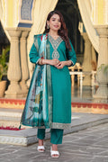 Turquoise Chanderi silk salwar suit with intricate gota patti embroidery for festive occasions