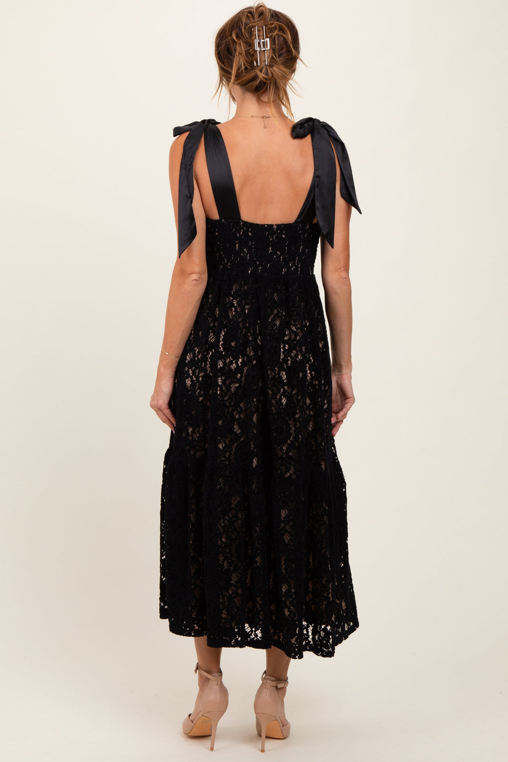 Black Velvet Lace Shoulder Bow Maxi Dress