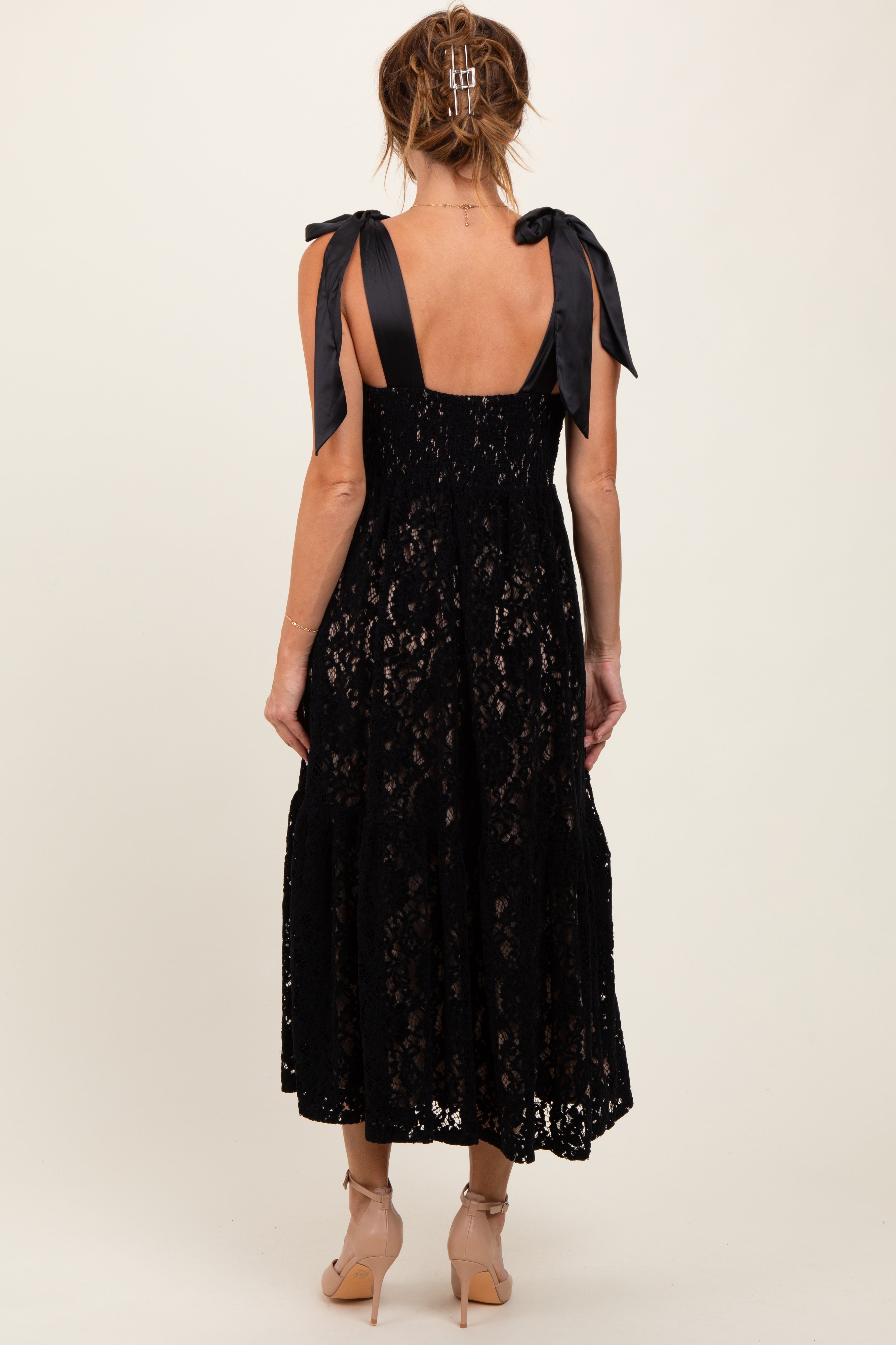 Black Velvet Lace Shoulder Bow Maxi Dress