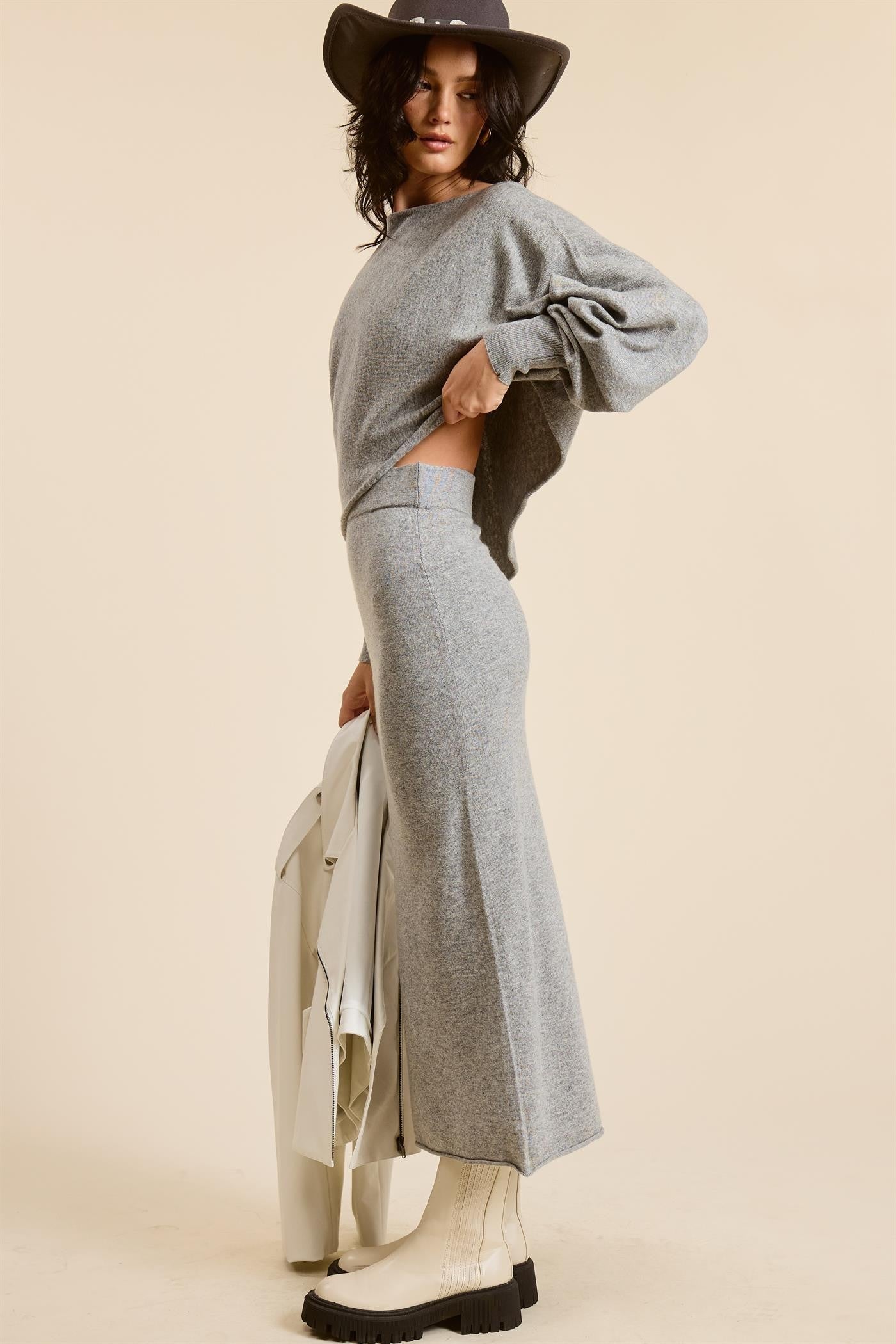 Heather Grey Knit Asymmetrical Top and Midi Skirt Set