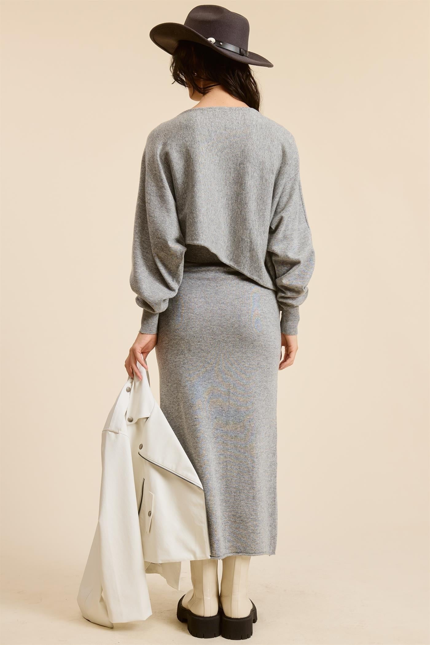 Heather Grey Knit Asymmetrical Top and Midi Skirt Set