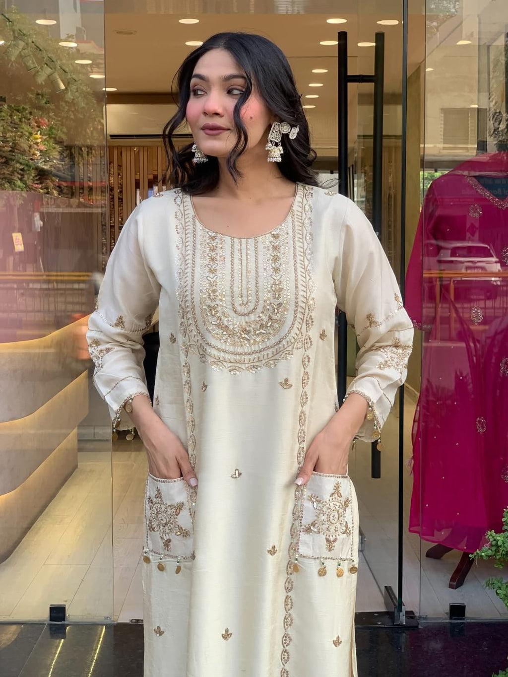 Off White Art Silk Embroidered Salwar Suit Set