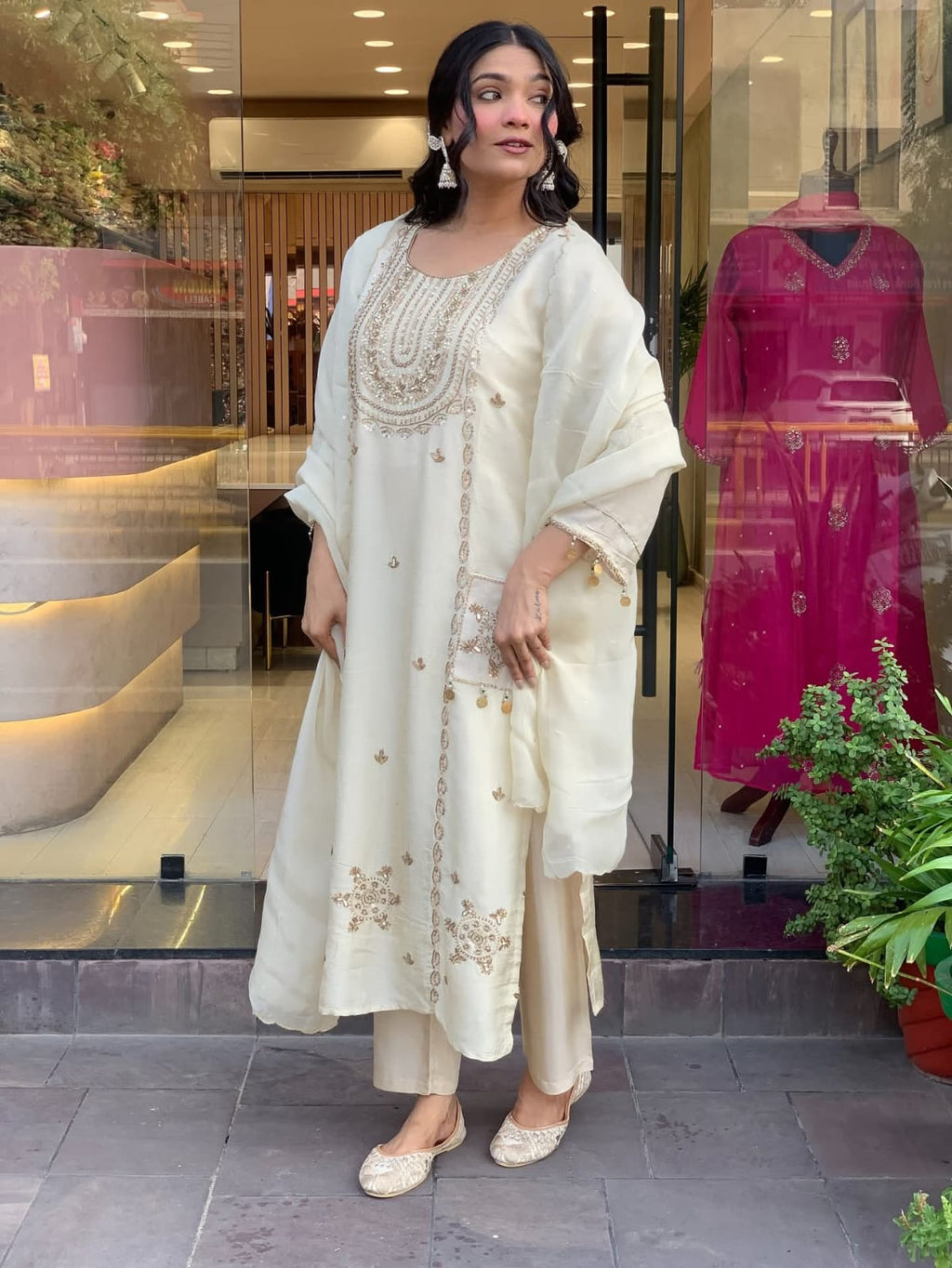 Off White Art Silk Embroidered Salwar Suit Set