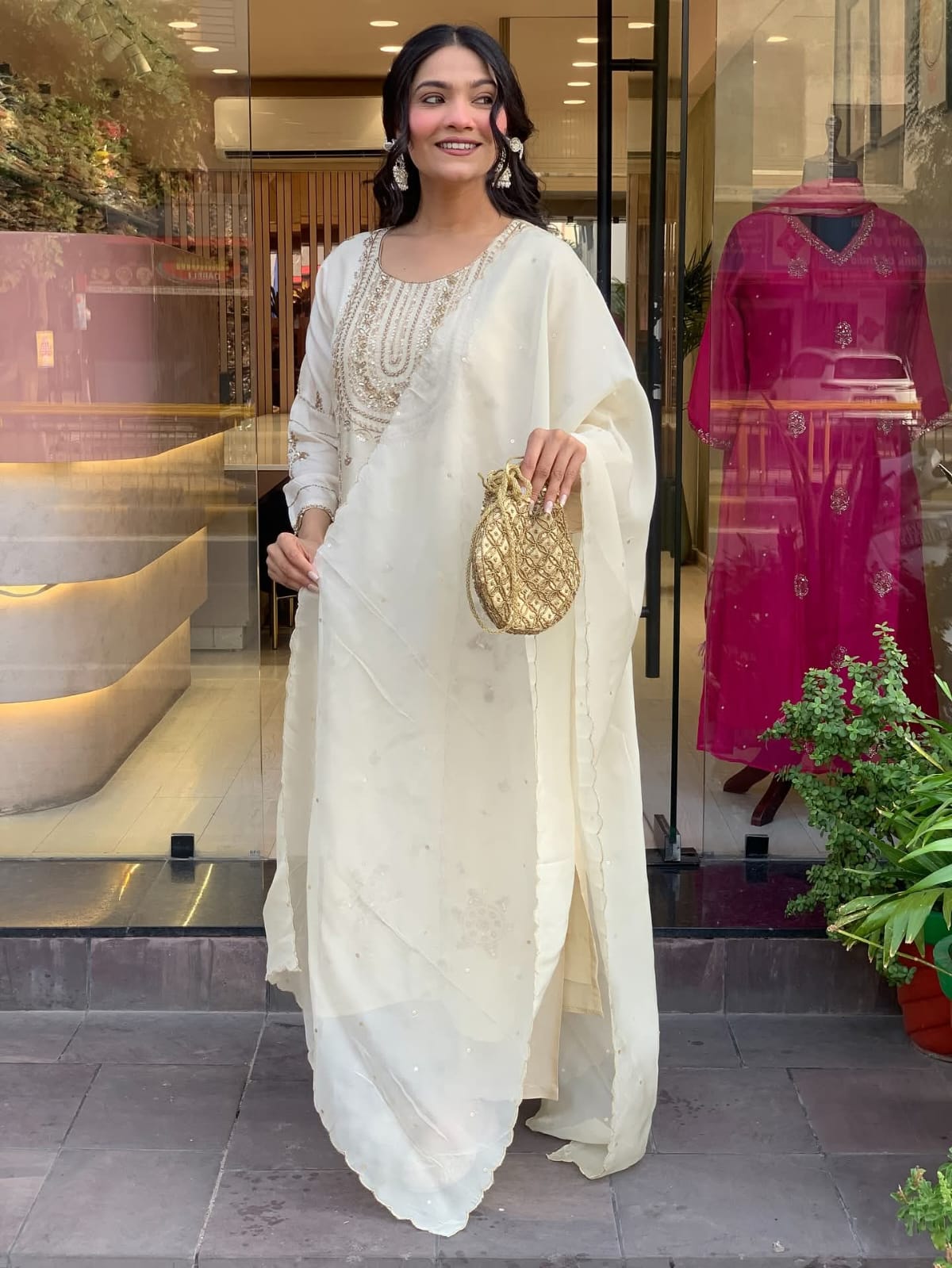 Off White Art Silk Embroidered Salwar Suit Set