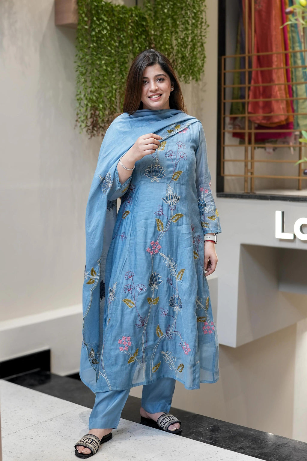 Light Blue Viscose Chanderi salwar suit with intricate embroidery
