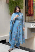 Light Blue Viscose Chanderi salwar suit with intricate embroidery