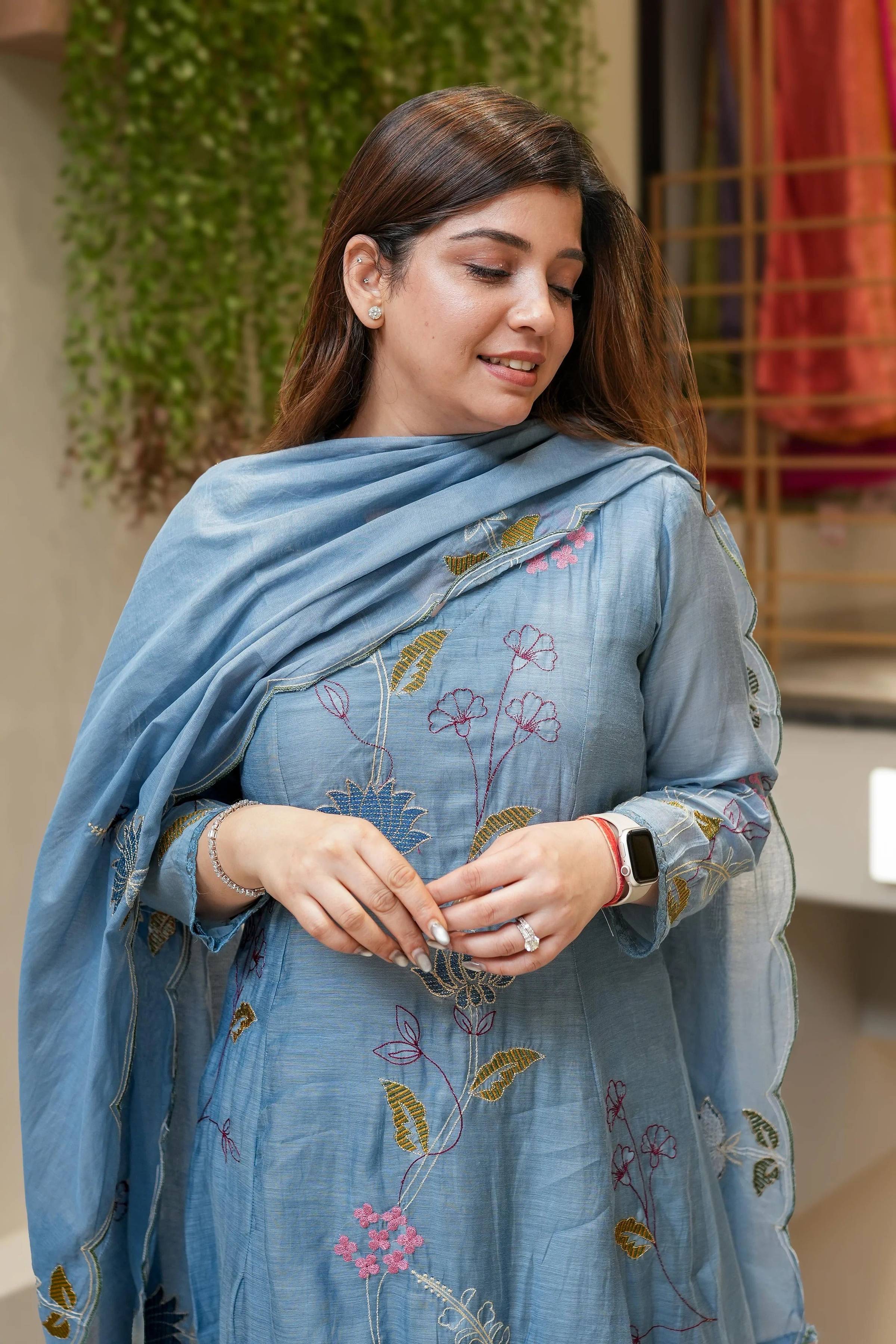 Light Blue Viscose Chanderi Embroidered Salwar Suit