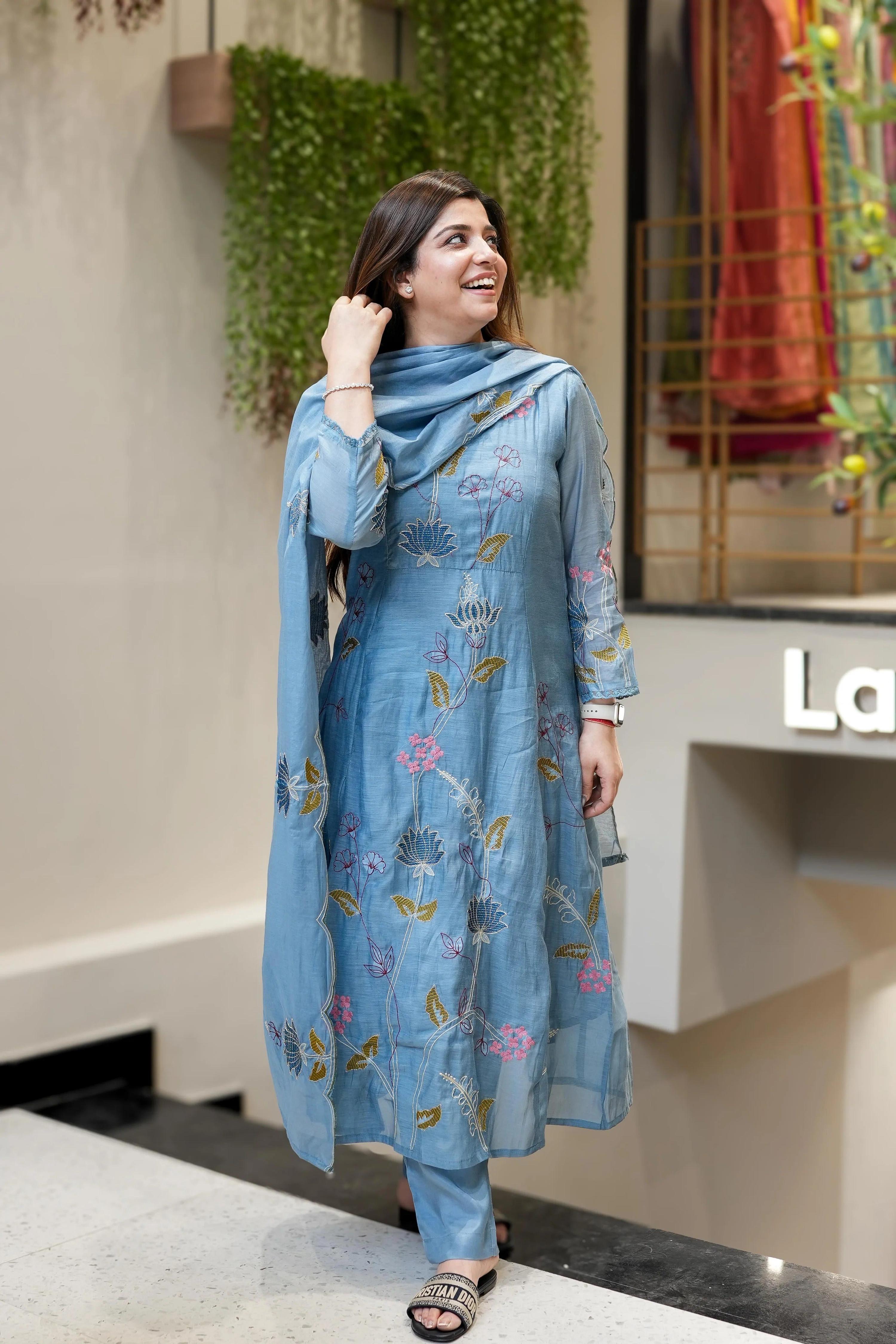 Light Blue Viscose Chanderi Embroidered Salwar Suit