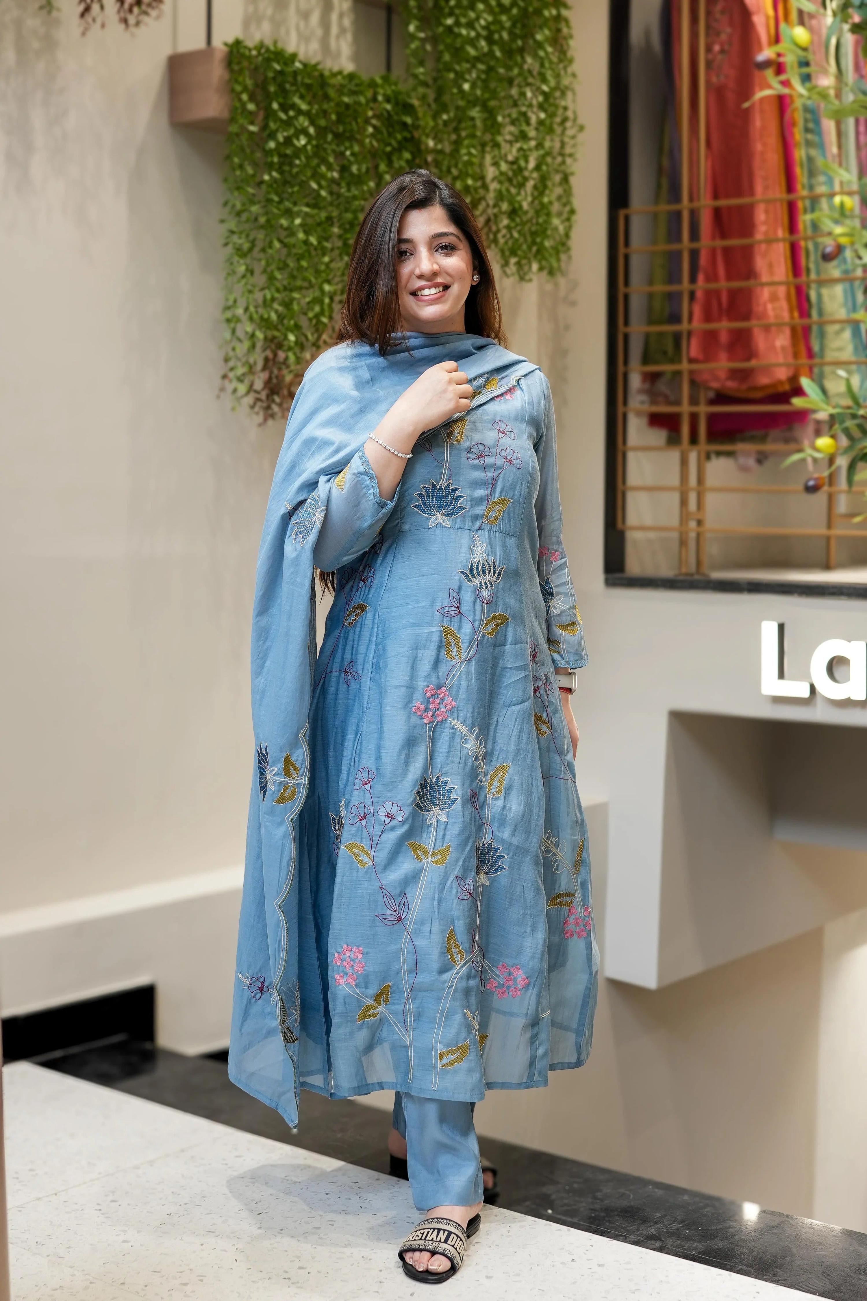 Light Blue Viscose Chanderi Embroidered Salwar Suit