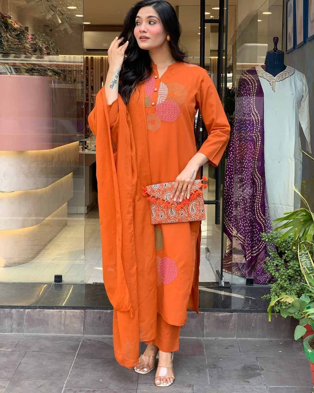 Orange Rayon Embroidered Salwar Suit with Gota Patti Details