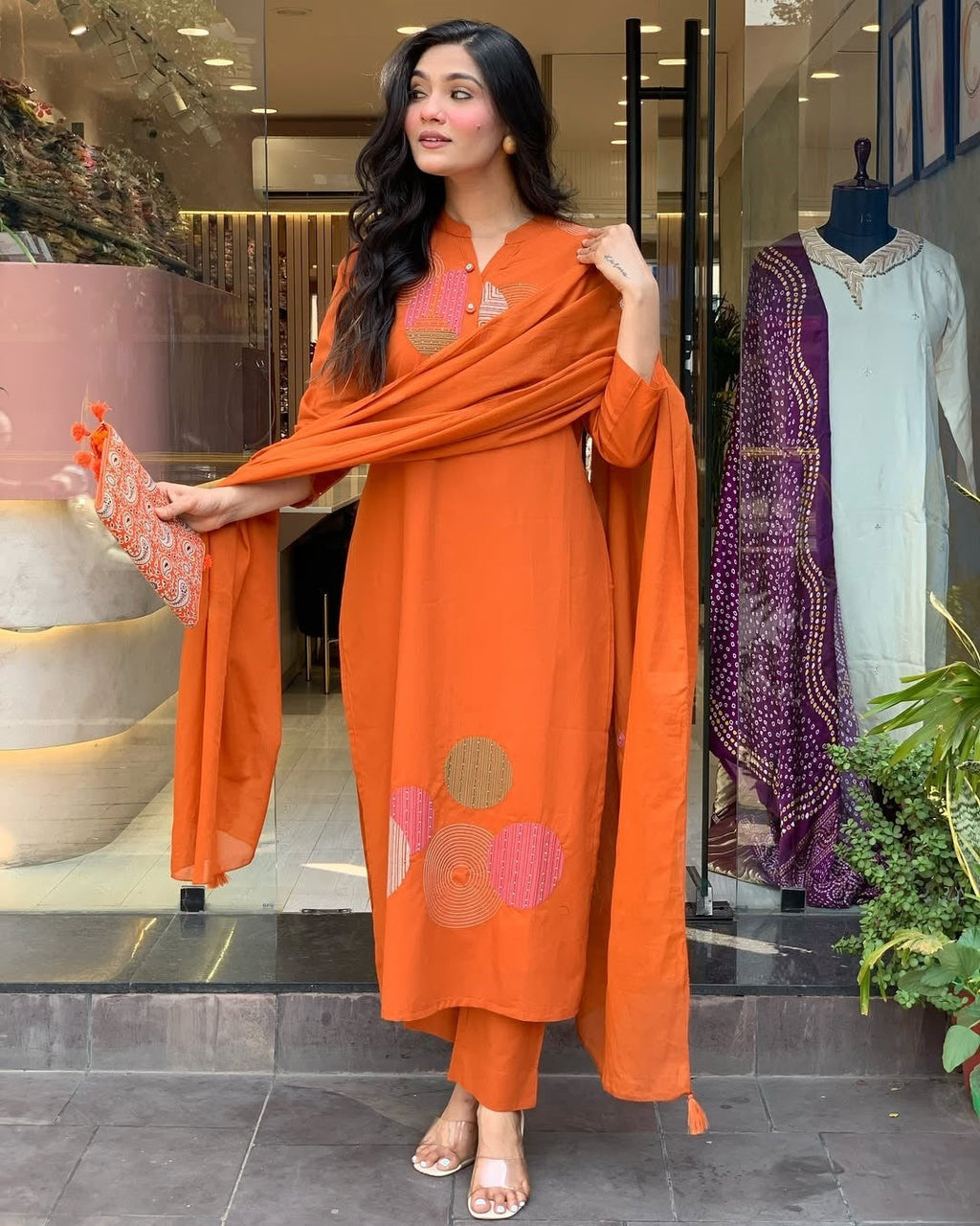 Orange Rayon Embroidered Salwar Suit with Gota Patti Details